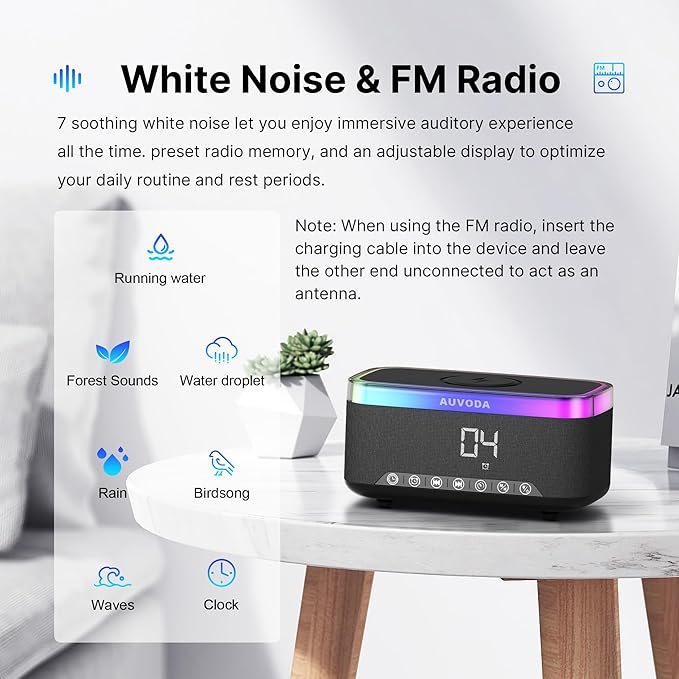 S300 10W Stereo Bluetooth Speaker with 15W Fast Wireless Charging, 13-Color Night Light, Alarm, White Noise, FM Radio, Portable, TWS, BT5.3, for PC, Smartphone, Home, Office & Bedroom (Black)
