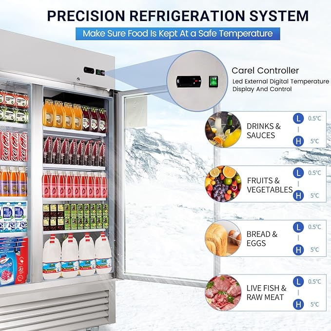 49 Cu.Ft Commercial Refrigerator, 54" Display Merchandiser, 2 Glass Door Reach-in Upright Beverage, Stainless Steel Upright Fridge Cooler with LED Lighting for Restaurant Kitchen