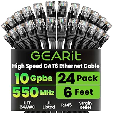 GEARit Cat6 Patch Cables Cat 6 Ethernet Cable 6 ft 24-Pack Black