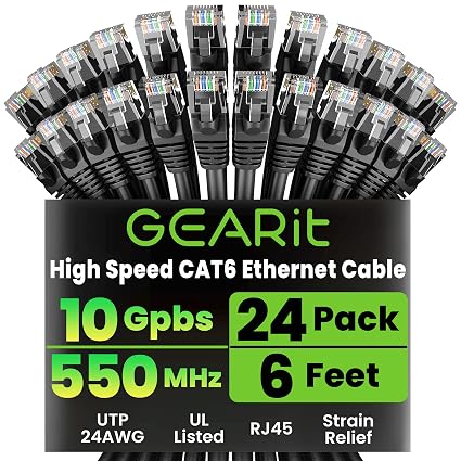GEARit Cat6 Patch Cables Cat 6 Ethernet Cable 6 ft 24-Pack Black
