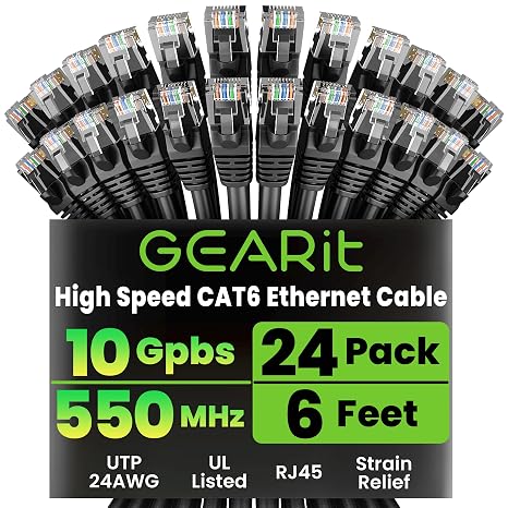 GEARit Cat6 Patch Cables Cat 6 Ethernet Cable 6 ft 24-Pack Black