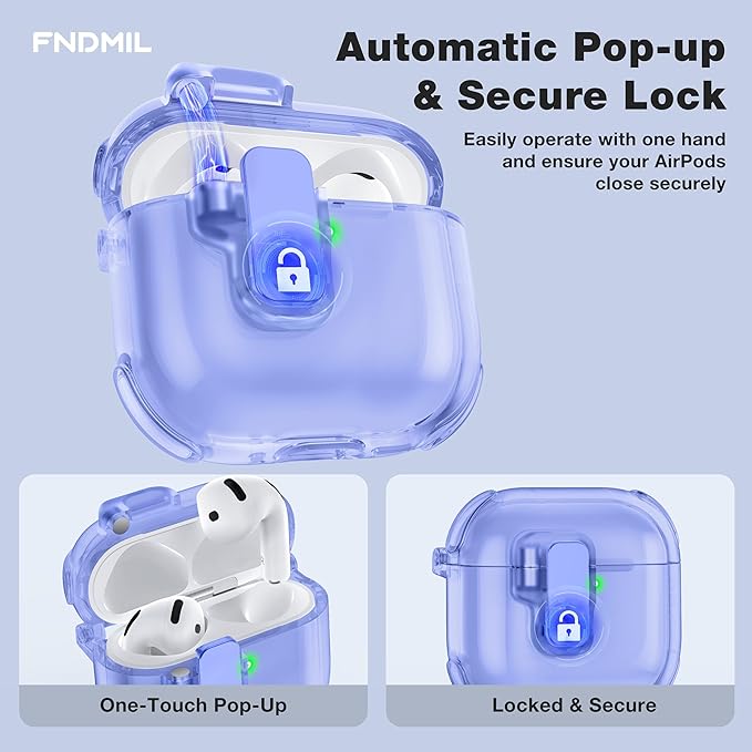 Clear Case for AirPods 4 Case Cover with [Lock Safety & Pop Up][Military Shockproof] Anti-Yellow Transparent Soft TPU Wireless Charging for AirPods 4th Generation Case with Keychain,Clear Blue