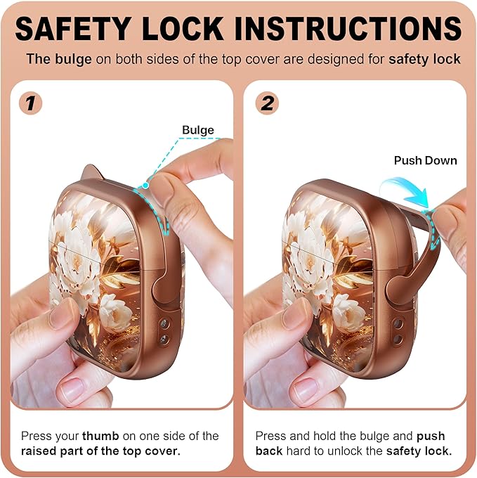 RFUNGUANGO AirPods 4 Case for Women Girly Cat Case with Lock, Phone Stand, Keychain & Cleaner Kit, Compatible with Apple Airpods 4th Generation Case Cover, Rose Gold Peony