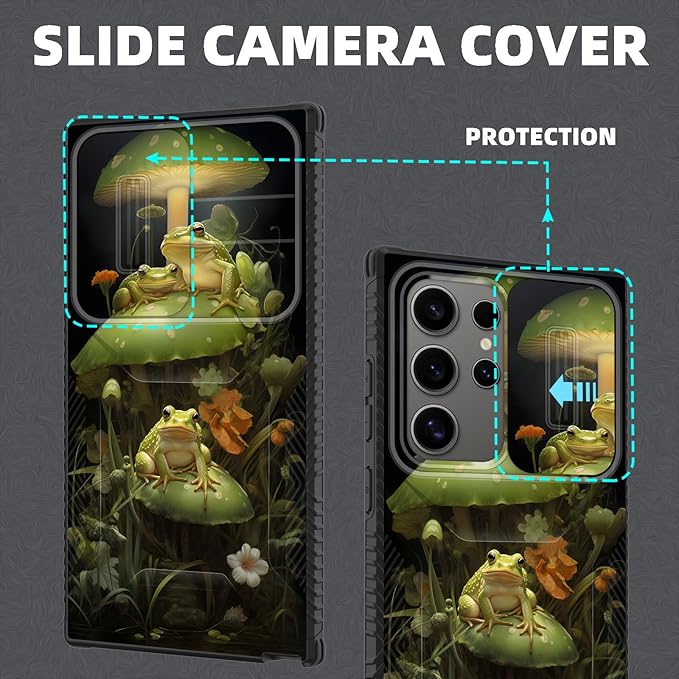 for Galaxy S24 Ultra Case Built in Slide Camera Lens Cover,Heavy Duty Shockproof Protection Dual Layer Case for Samsung Galaxy S24 Ultra 6.8" 2024,Cute Frog Mushroom