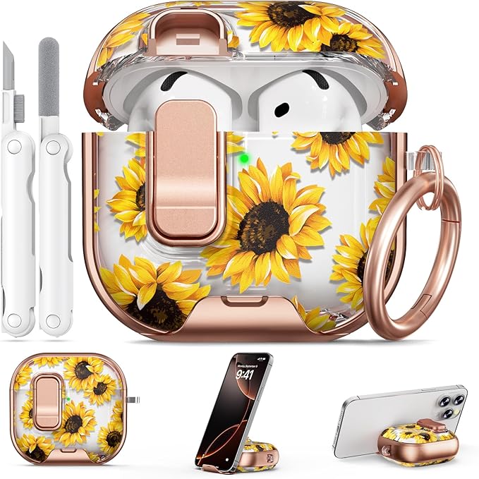 for AirPods 4 Case, with Safty Lock & Phone Stand for Floral AirPods 4th Generation Case Cover for Women Girly, iPod 4 Case with Keychain & Cleaner Kit - Yellow Sunflower