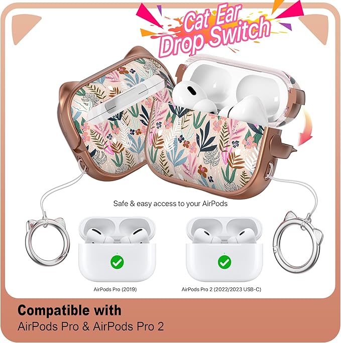 RFUNGUANGO AirPods Pro Case for Women Girly Cat Case with Lock, Phone Stand, Keychain & Cleaner Kit, Compatible with Apple Airpods Pro 2nd/1st Generation Case Cover, Rose Gold Leaf