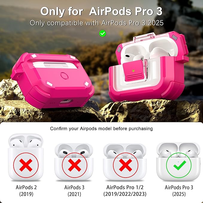 RFUNGUANGO for AirPods Pro 3 Case, Compatible with AirPods Pro 3 Generation Case (2025), Compatible with MagSafe, Magnetic Automatic Lock with Cleaner Kit and Keychain, Front LED Visible, Rose Red
