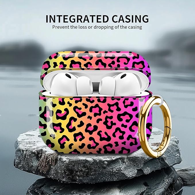 Compatible with AirPod Pro 3 (2025),Cute Case Cover for Women & Men, Full Protection Shockproof Hard Case with Keychain, Wireless Charging Case Accessories(Neon Rainbow Leopard)