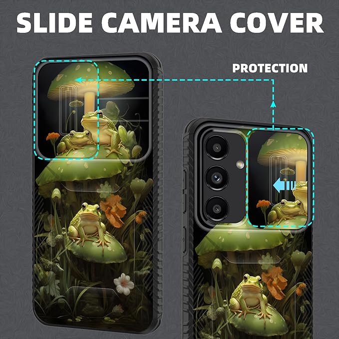 for Galaxy S25 FE Case Built in Slide Camera Lens Cover,Heavy Duty Shockproof Protection Dual Layer Case for Samsung Galaxy S25 FE 6.7" 2025,Cute Frog Mushroom