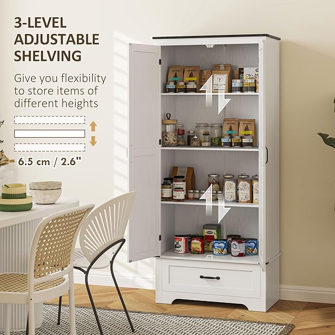 HOMCOM 72" Tall Farmhouse Kitchen Pantry Cabinet - Kitchen Storage Cabinet with Adjustable Shelves & 2 Barn Doors & Drawer, Versatile Storage Unit for Dining Room, Distressed White