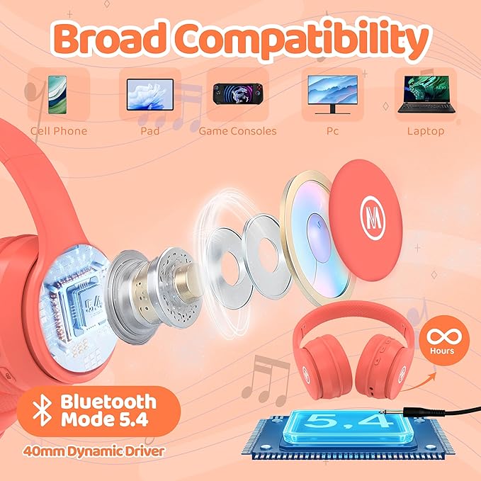 Headphones Kids Bluetooth 5.4 Wireless Play Time 68H Safe Volume Limit 85/94dB Over-Ear Foldable Headset,Fast Charging,with Aux Cord Built-in Mic for Toddler Child Pad Study Tablet Coral