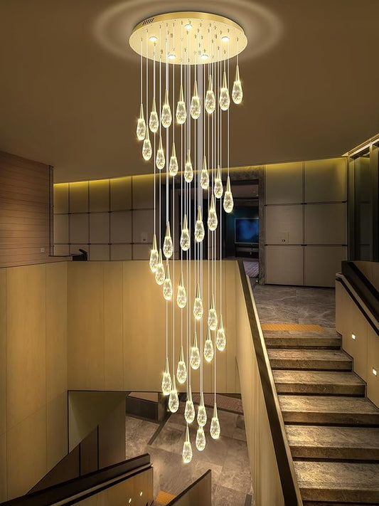 H 177" Moderm Extra Large Chandelier 36-Lights Foyer Chandelier for High Ceiling Crystal Pendant Light Fixture Raindrop Chandeliers for Staircase Villa Living Room (Gold