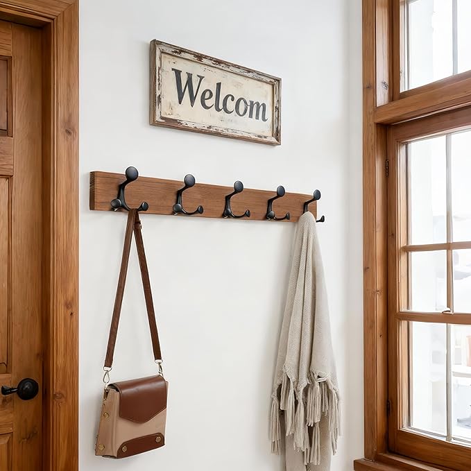 SKOLOO 30-Inch Wood Coat Rack Wall Mount with 5 Triple Hooks - Ideal for Family Entrances, Classrooms, and Pet Supplies Storage - Perfect Coat Hooks for Wall,Charred Golden Brown
