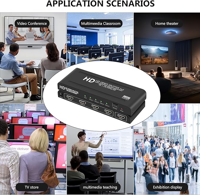 4K HDMI Splitter 1 in 4 Out - 1x4 Powered HDMI Splitter 4 Port Multi Monitor Outputs,Mirror/Copy Screen Only (Not Extend) Support 4Kx2K@30Hz 3D for PS4/Projector/HDTV