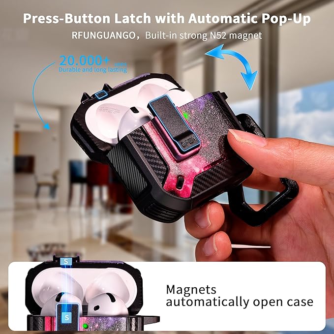 RFUNGUANGO Compatible AirPods 4th Generation Protective Case with Phone Holder and Compatible Back Magnetic Suction Function, Suitable for AirPods 4th Case-Black+Starry Sky
