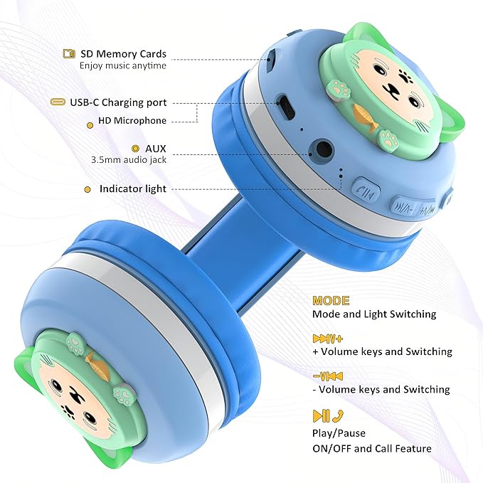 Riwbox CB-7S Kids Wireless Headphones,with Safe Volume Control 74/85/95dB,LED Glow Lights,50H Playtime,Bluetooth V5.3,Built-in Mic, TF Card Slot,for Travel/School/Phone/Laptop(Blue&Grey)
