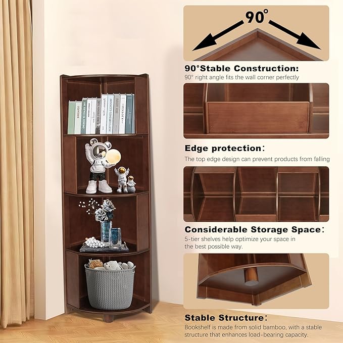 DOUSY-4 Tier Bamboo Corner Shelf, Modern Corner Bookshelf, 56.2" Tall Stylish Book Case Display Rack Plant Stand for Living Room, Bedroom, Home Office, Kitchen, Walnut