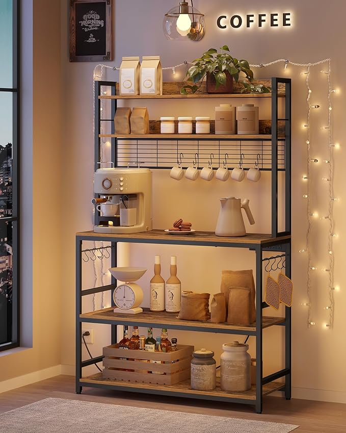 VASAGLE Bakers Rack with Power Outlet, Microwave Stand, Kitchen Tall Utility Storage Shelf, with Metal Wire Panel, 14 Hooks, 15.7 x 39.4 x 66.9 Inches, Rustic Brown and Ink Black UKKS038B01