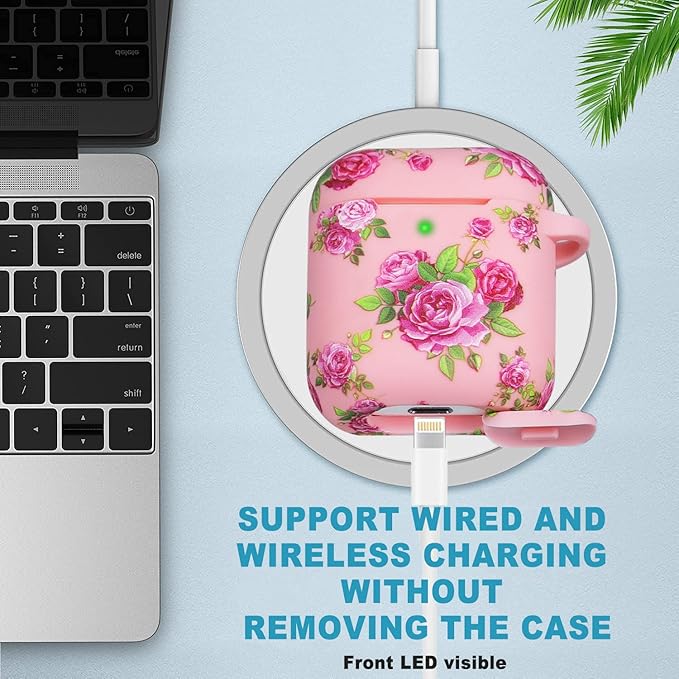 Flower Silicone Compatible with Airpods Case, Gawnock Soft Case Cover Flexible for Compatible with Airpods 2nd/1st Generation Floral Print Cover for Women Girls with Keychain - Pink Flower