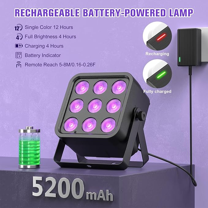 Rechargeable Stage Lights, 9 * 6W RGBWA UV 6-in-1 Battery Powered Par Lights, 6/8/10 CH Wireless Uplights DMX512 Control, Wireless Uplights for Party, Wedding, Event, 12 Pack