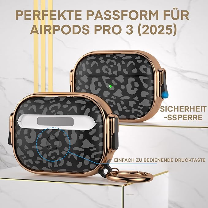 Maxjoy for AirPods Pro 3rd Generation Case with Lock, Cute AirPods Pro 3 Case Lock Protective Hard AirPod Pro 3 Cover for Women Men with Keychain for Airpod Pro 3rd Gen Cover 2025, Grey Leopard