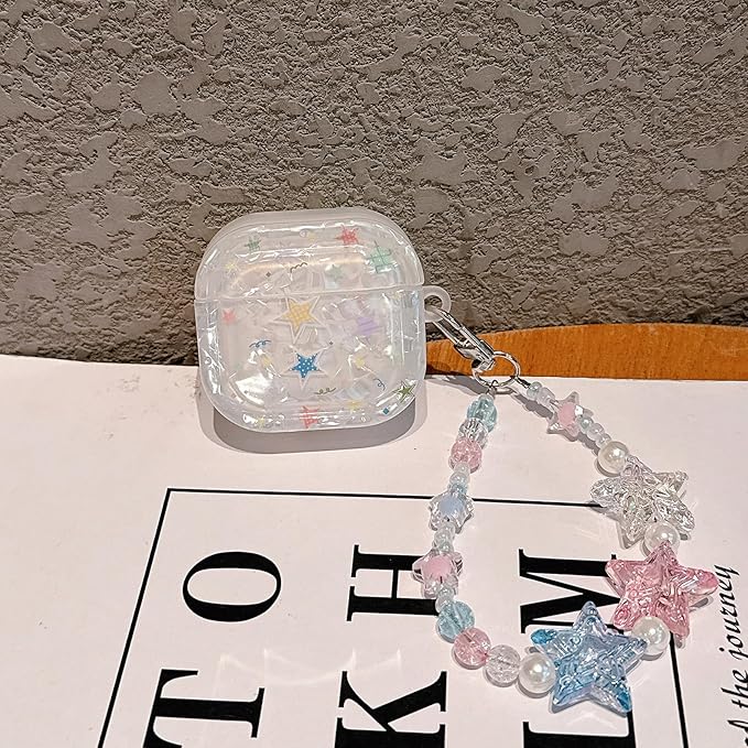 for AirPod 4 Case Cute Dream Shell Pearl Shockproof Protective Cover with Strap Keychain Compatible for AirPods 4th Generation for Women Girls (Colored Stars)