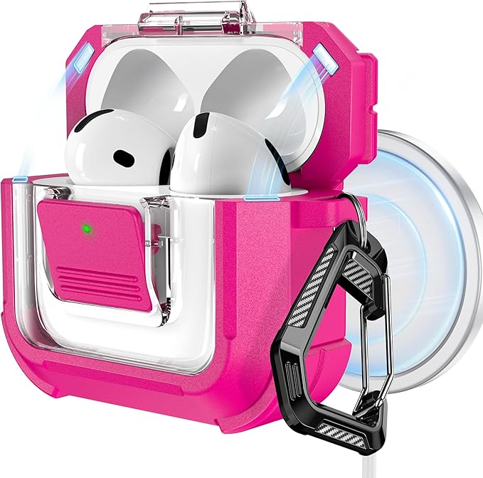 RFUNGUANGO for AirPods 4 Case, Compatible with AirPods 4th Generation Case (2024), Compatible with MagSafe, Magnetic Automatic Lock with Cleaner Kit and Keychain, Front LED Visible, Rose Red