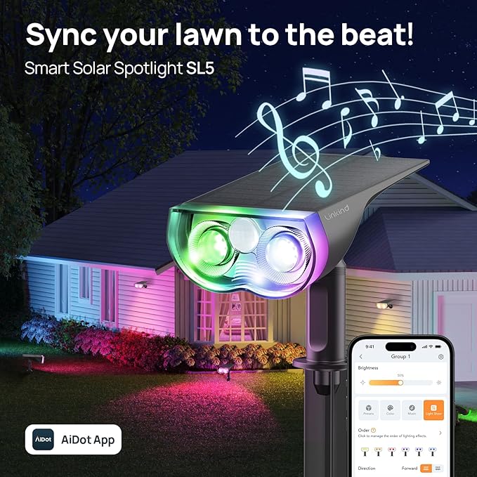 Linkind Smart Solar Lights Outdoor SL5 with Motion Sensor, APP Control Cool/Warm White/Color Changing Solar Spot Lights Outdoor, IP65 Landscape Lighting for Yard, Garden, Path(2 Pack)