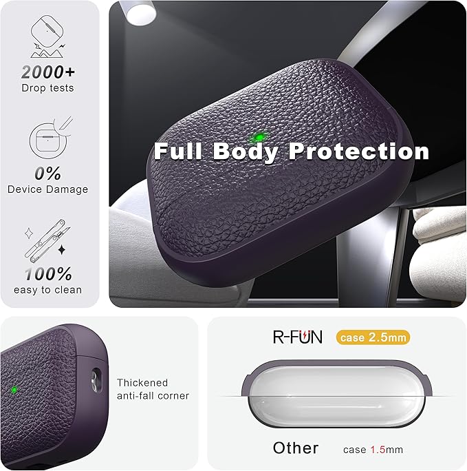 R-fun for Airpods Pro3 Case, Soft TPU (Leather-Like Design) Drop Protection Cover for Men and Women with Lanyard and Cleaner Kit, Compatible with Apple Latest Airpods Pro3 Generation-Purple