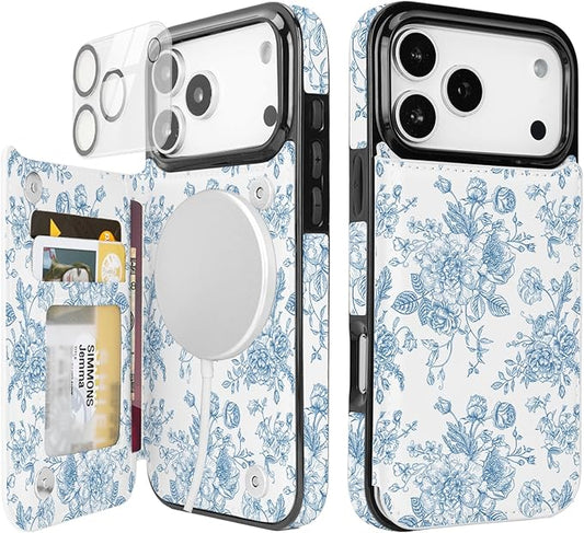 uCOLOR for iPhone 17 Pro Max 6.9" Wallet Case Magsafe with Card Holder Slot【Compatible with MagSafe】 Double Magnetic RFID Design with Camera Lens Protector (Blue Floral, iPhone 17 Pro Max)