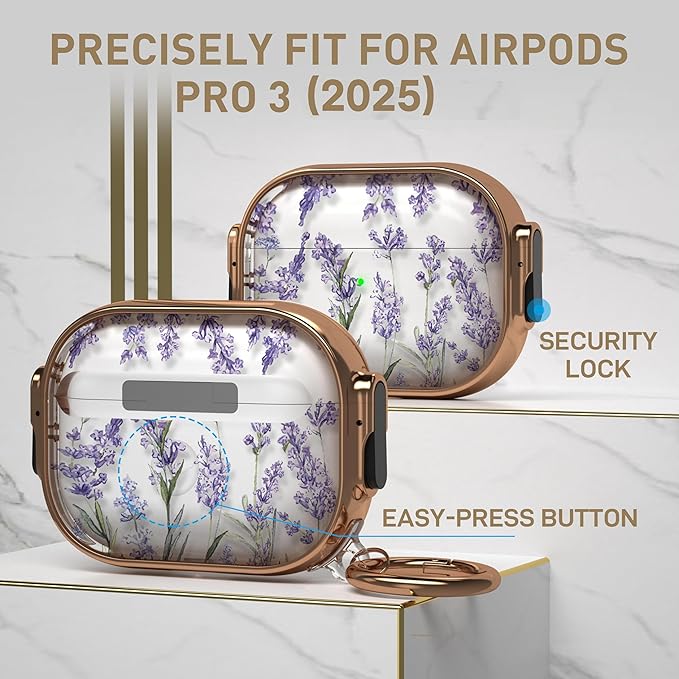 Maxjoy for AirPods Pro 3rd Generation Case with Lock, Clear AirPods Pro 3 Case Lock Protective Hard AirPod Pro 3 Cover for Women Men with Keychain for Airpod Pro 3rd Gen Cover 2025, Flower