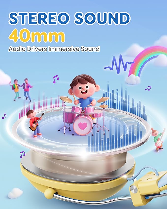 Kids Headphones, 74/85dB Safe Volume Limit, Stereo Sound, Wired On-Ear Headphones for Kids Boys Girls, 3.5mm Jack for Tablet, iPad, Kindle, YOTO Player, Airplane Travel, Yellow