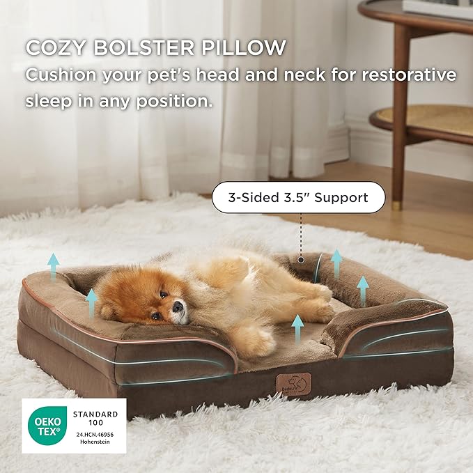 Bedsure Orthopedic Dog Beds for Small Dogs - Washable Small Dog Cat Bed Waterproof, Comfort Pet Couch Sofa with Washable Removable Cover, Pets Bed with Nonskid Bottom, Brown, 24"