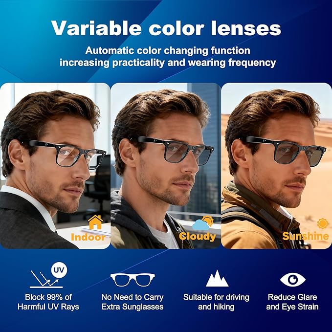 AI Smart Glasses for Women and Men, Bluetooth Sunglasses with Chat GPT and 164 Languages , Translation Glasses with Color-Change Lens, Music Playback & Hands-Free Calls, UV & Blue Light Protection