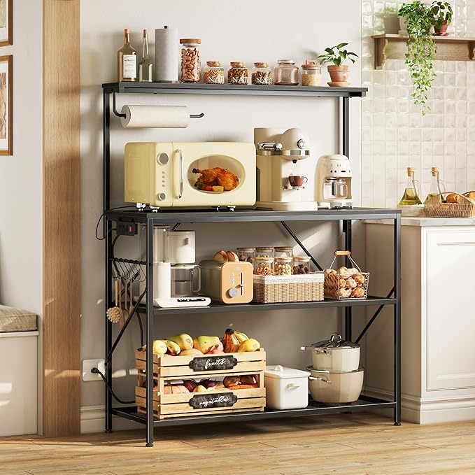 Huuger 4-Tier Bakers Rack with Reversible Power Outlet, 39.4 Inch Microwave Stand with Paper Towel Holder, Kitchen Bar, Larger Storage with Top Shelf, 6 S Hooks, White