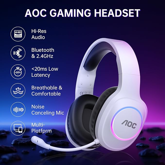 AOC Wireless Gaming Headset Compatible with ps5/4, PC, USB-C & Bluetooth 5.4 & 2.4GHz Gaming Headphones with Noise Canceling Mic, 7.1 Virtual Surround,20ms Latency, 45H, RGB- White