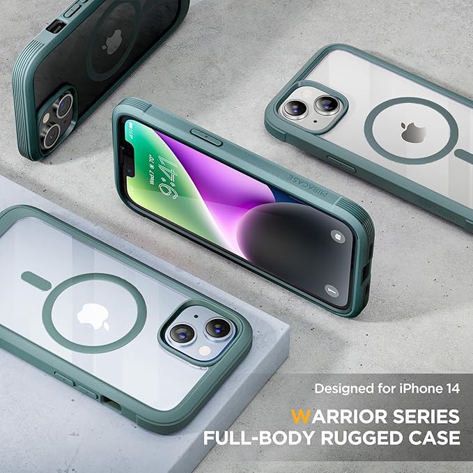 Miracase Magnetic for iPhone 14 Case 6.1'', [Bubble Free] Full-Body Bumper Phone case with Built-in Full Glass Screen &Lens Protector,No Gap,Compatible with MagSafe,Drop Proof 14 Cover,Green