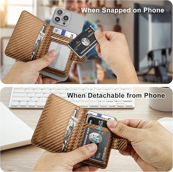 Bocasal for MagSafe Wallet Magnetic Card Holder, RFID Blocking Leather Card Slots for iPhone 17/16/15/14/13/12 Pro/Max/Plus/Air, Adjustable Kickstand Flip Mag Safe Wallet (Carbon Filber Brown)