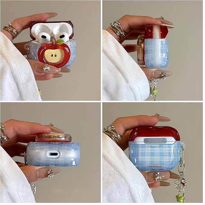 SGVAHY for AirPods 1&2 Case with Keychain Cute 3D Green Apple Pattern Design Soft Silicone Cover for Women Girls Anti-Fall Shockproof Protective Case for AirPods 2nd 1st Generation