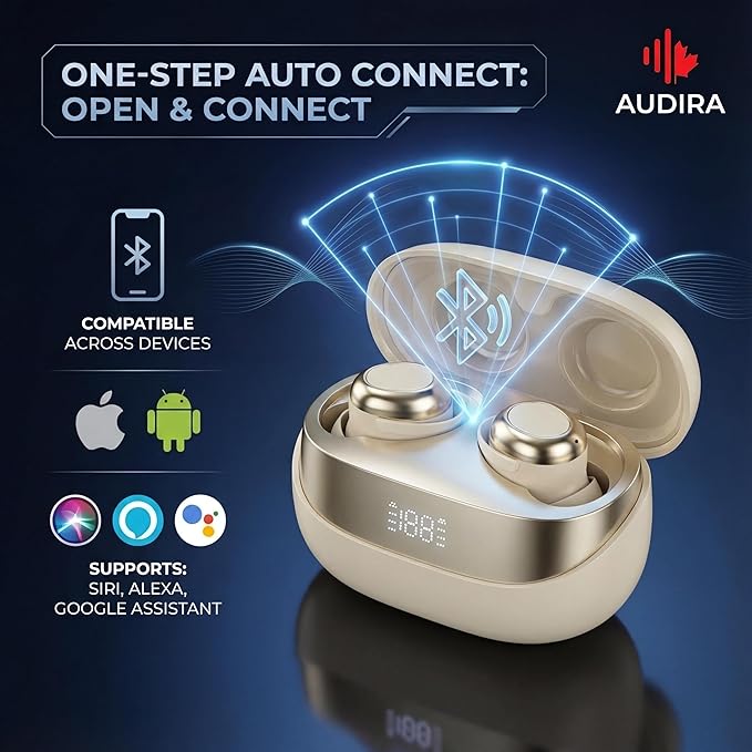 AUDIRA Mini Wireless Sleep Earbuds for Side Sleepers, Bluetooth 5.4 in-Ear Ear Buds with Noise Cancelling, IPX4 Waterproof Headphones, Touch Control, Digital Display Charging Case – Biege
