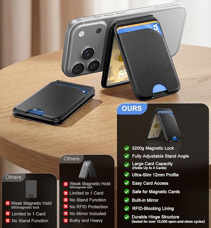 Magnetic Phone Wallet With Makeup Mirror - Mag Safe Wallet Leather RFID-Blocking Mag-Safe Card Holder for iPhone 17/16/15/14/13/12 Series, Not for iPhone 13/12 Mini (Black)
