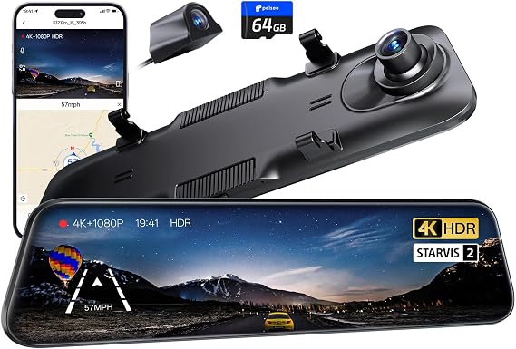 Pelsee 4K Mirror Dash Cam with STARVIS 2 Sensor, 64GB Card Included
