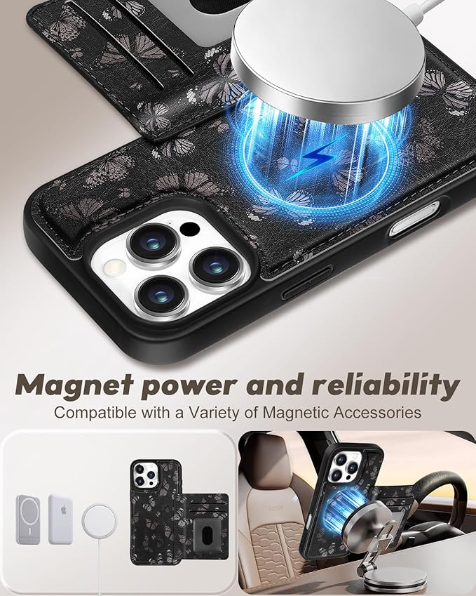 for iPhone 16 Pro Max Case with Wallet - Fits 4 Card Slots, Compatible with MagSafe for Women Aesthetic PU Leather Credit Card Holder Kickstand Phone Cover for Apple 16 Promax, Black Butterfly