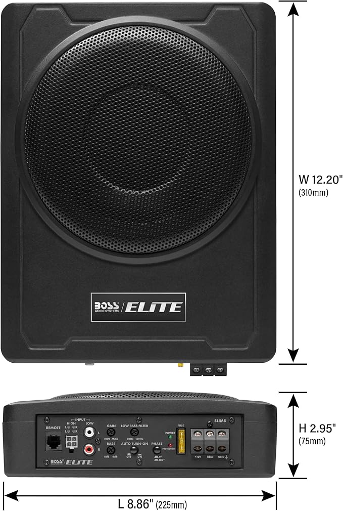 BOSS Audio Systems SLIM8 Elite Series 8 Inch Powered Car Subwoofer - Low Profile, Remote Subwoofer Control, Built in Amplifier, Under Seat, for Truck, Hook Up to Amplifier