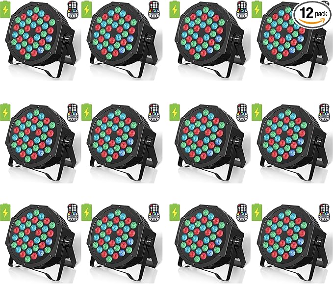HOLDLAMP Rechargeable Par Lights 36W RGB Battery Powered, Wireless LED Par Lights DJ Uplights Sound Activated& Remote Control for Wedding Events Club Party Church Stage Lighting, 12 Pack