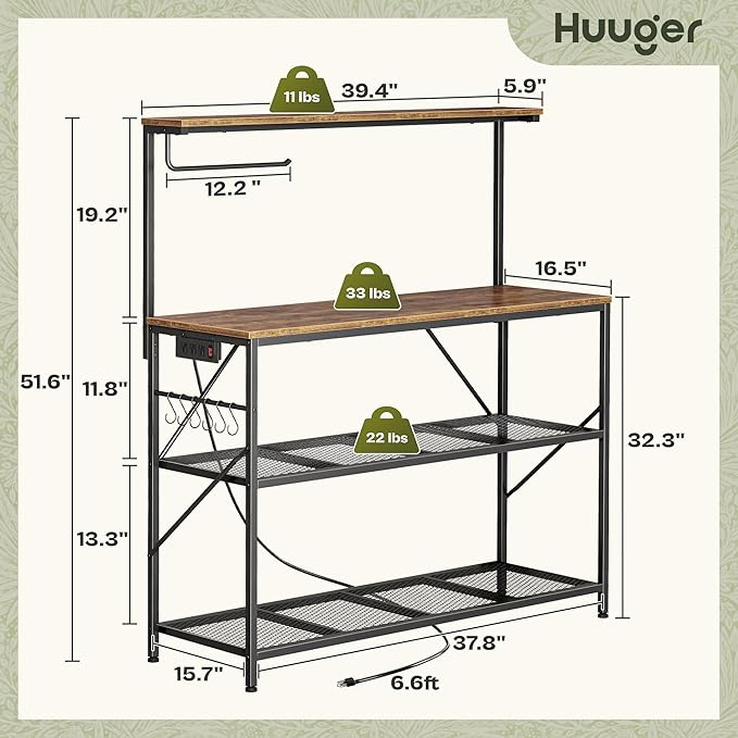 Huuger 4-Tier Bakers Rack with Reversible Power Outlet, 39.4 Inch Microwave Stand with Paper Towel Holder, Kitchen Bar, Larger Storage with Top Shelf, 6 S Hooks, White