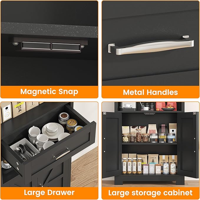 Semoic 55" Farmhouse Kitchen Pantry Cabinet, 5-Tier Pantry Storage Cabinet with 2 Barn Doors and Drawer, Tall Sideboard Buffet Cupboards Storage Shelf for Home Office Use (Black 12" D x 24" W x 55" H)