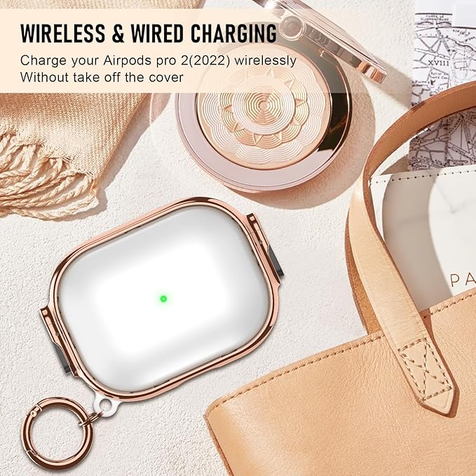 Maxjoy for Cute Airpods Pro 2 case with Safety Lock,Compatible Airpods Pro Case 2nd/1st Gen,Compatible Plating Solid Color AirPods Case Cover for Men Women Girly with Keychain-Transparent