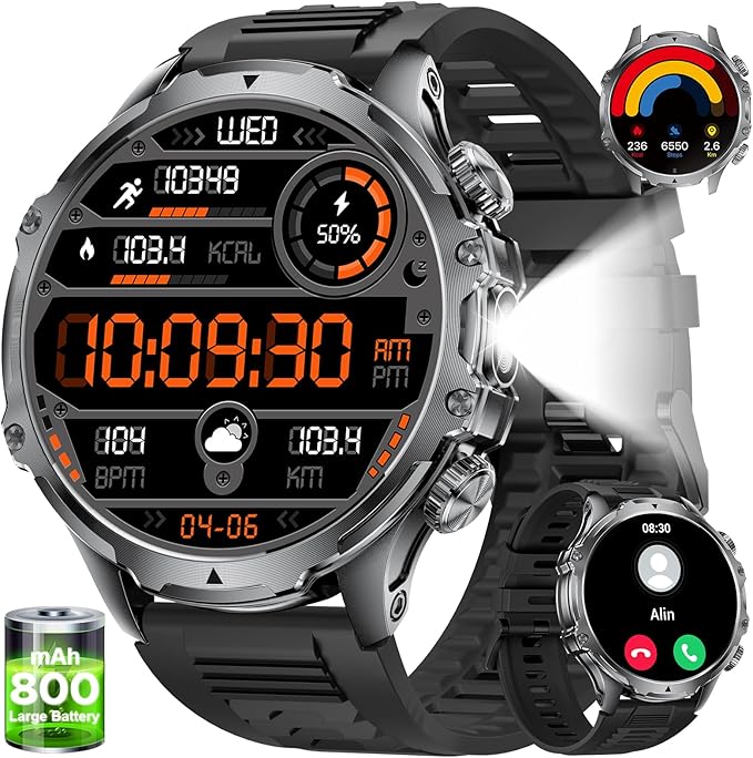 LIGE Smart Watches for Men(Answer/Make Calls) with LED Flashlight, 1.85" HD Screen Outdoor Sports Smartwatch,800mAh Battery,Sleep Monitor Fitness Tracker for Android iOS,Silicone