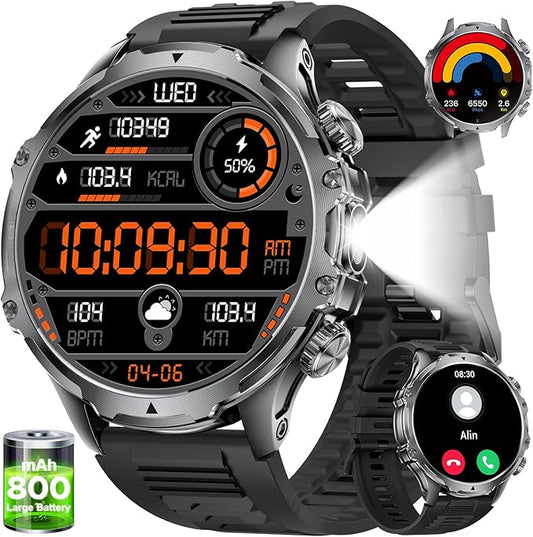 LIGE Smart Watches for Men(Answer/Make Calls) with LED Flashlight, 1.85" HD Screen Outdoor Sports Smartwatch,800mAh Battery,Sleep Monitor Fitness Tracker for Android iOS,Silicone